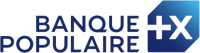 Logo de la Banque Populaire comportant les mots BANQUE POPULAIRE en lettres bleues grasses à côté d'une forme géométrique bleue contenant un signe plus blanc et la lettre X.