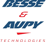 Logo avec les mots BESSE & AUPY en caractères bleus gras, une esperluette rouge entre les deux, un petit swoosh rouge en dessous, et TECHNOLOGIES en lettres capitales rouges en bas.