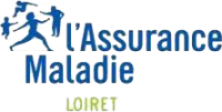 Logo de l'Assurance Maladie Loiret avec un texte bleu, quatre figures humaines bleues dans des poses dynamiques, et LOIRET en vert clair sous le texte principal.