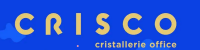 Le texte jaune sur fond bleu indique CRISCO en grandes lettres, avec cristallerie office en lettres plus petites en dessous. Des formes abstraites bleues décorent le côté gauche.