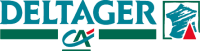 Logo avec le mot DELTAGER en lettres sarcelles, un CA stylisé avec un accent rouge en dessous, et une image abstraite d'une tente et d'une montagne à l'intérieur d'une forme verte sur la droite.