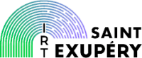 Logo avec des lignes stylisées en demi-cercle vert et bleu, les lettres IRT alignées verticalement à l'intérieur de l'arc, et le texte noir SAINT EXUPÉRY à droite.