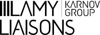 Logo en noir et blanc comportant les textes Lamy Liaisons et Karnov Group en caractères gras et modernes, avec des lignes verticales noires à gauche de LAMY.