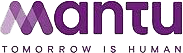 Logo Mantu en lettres violettes grasses avec le slogan Tomorrow is Human écrit en dessous en caractères violets plus petits.