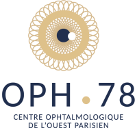 Logo pour OPH.78 Centre Ophtalmologique de l'Ouest Parisien représentant un œil stylisé avec des motifs circulaires dorés et des cercles bleu foncé et blancs, avec un texte en dessous en bleu marine et doré.