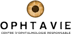 Logo d'OPHTAVIE, centre d'ophtalmologie responsable, représentant un œil brun stylisé au-dessus du nom "OPHTAVIE" en lettres grasses, avec le slogan Centre dophtalmologie responsable en dessous.
