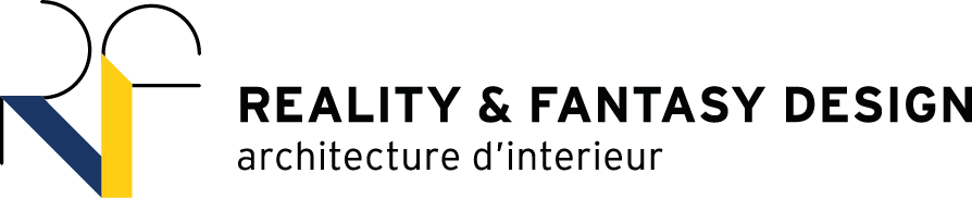 Logo pour Reality & Fantasy Design avec des lettres stylisées RF en noir, bleu marine et jaune. Le texte ci-dessous indique REALLY & FANTASY DESIGN et architecture dintérieur en caractères plus petits.