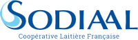 Logo de Sodiaal avec un S bleu stylisé représentant une goutte d'eau et le texte SODIAAL en lettres capitales bleues. En dessous, en lettres bleues plus petites, on peut lire Coopérative Laitière Française.