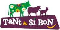 Logo représentant une vache verte décorée de fleurs, un mouton violet et une chèvre violette sur une forme violette. En dessous se trouve le texte TaNt & Si BoN en blanc et jaune - parfait pour l'architecture commerciale dynamique de Montpellier.